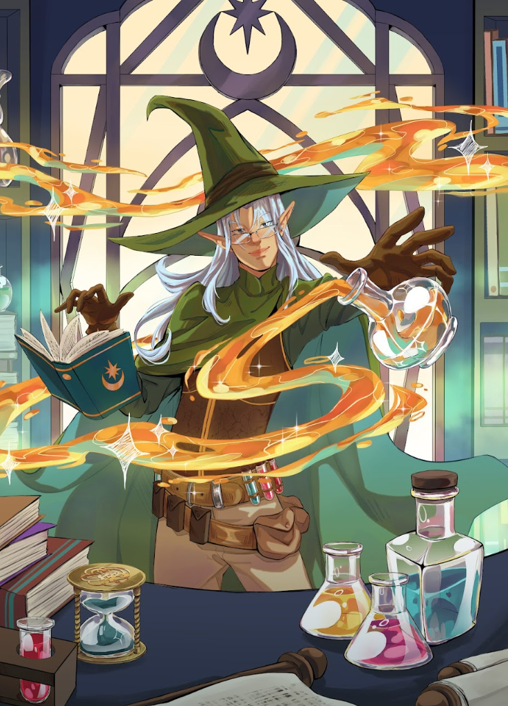 Ilustração da alquimista da Casa da Mata preparando poções em seu laboratório